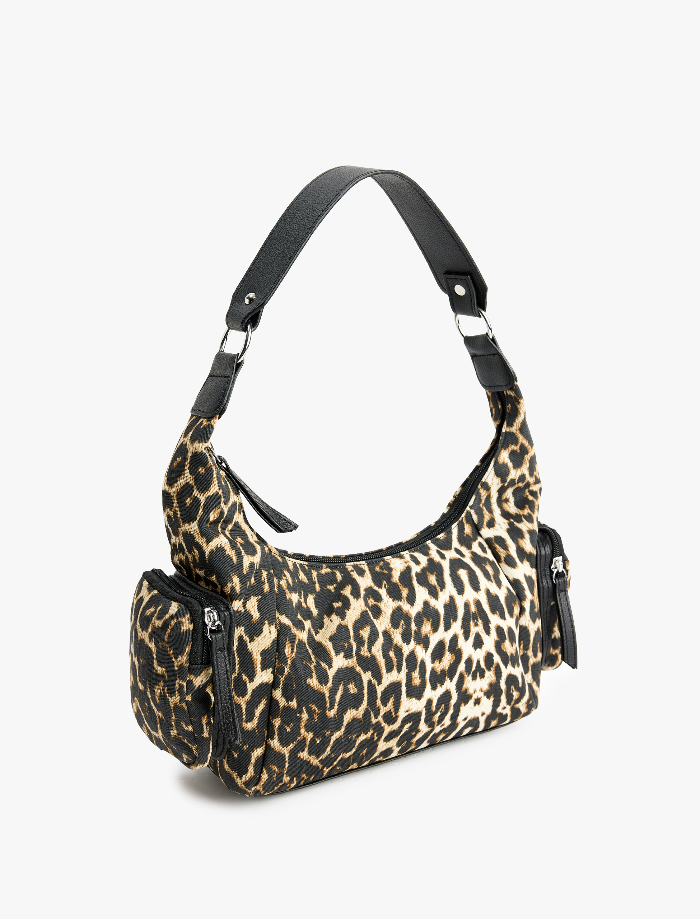  Kadın Leopar Desenli Fermuarlı Mini Cep Detaylı Omuz Çantası