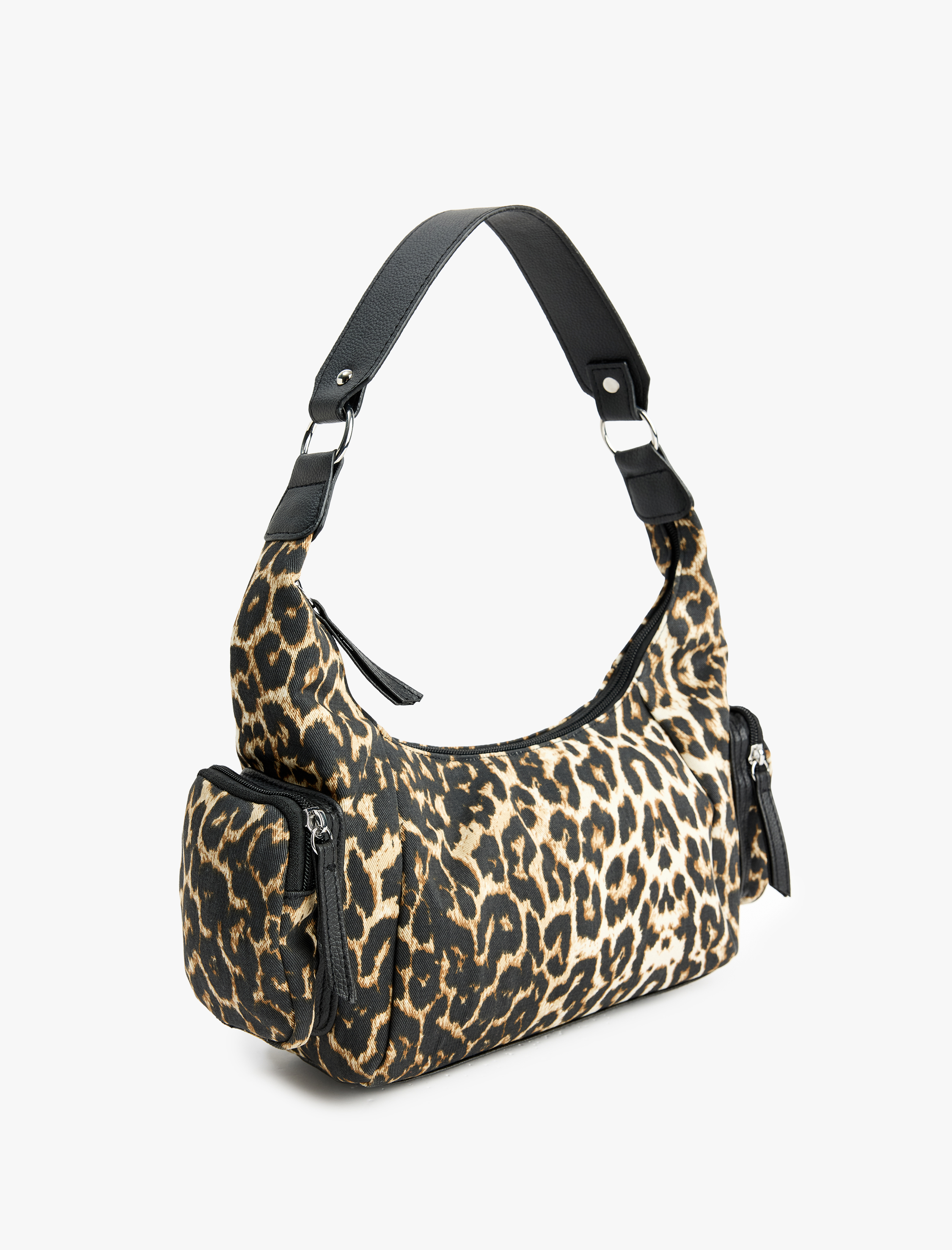  Kadın Leopar Desenli Fermuarlı Mini Cep Detaylı Omuz Çantası