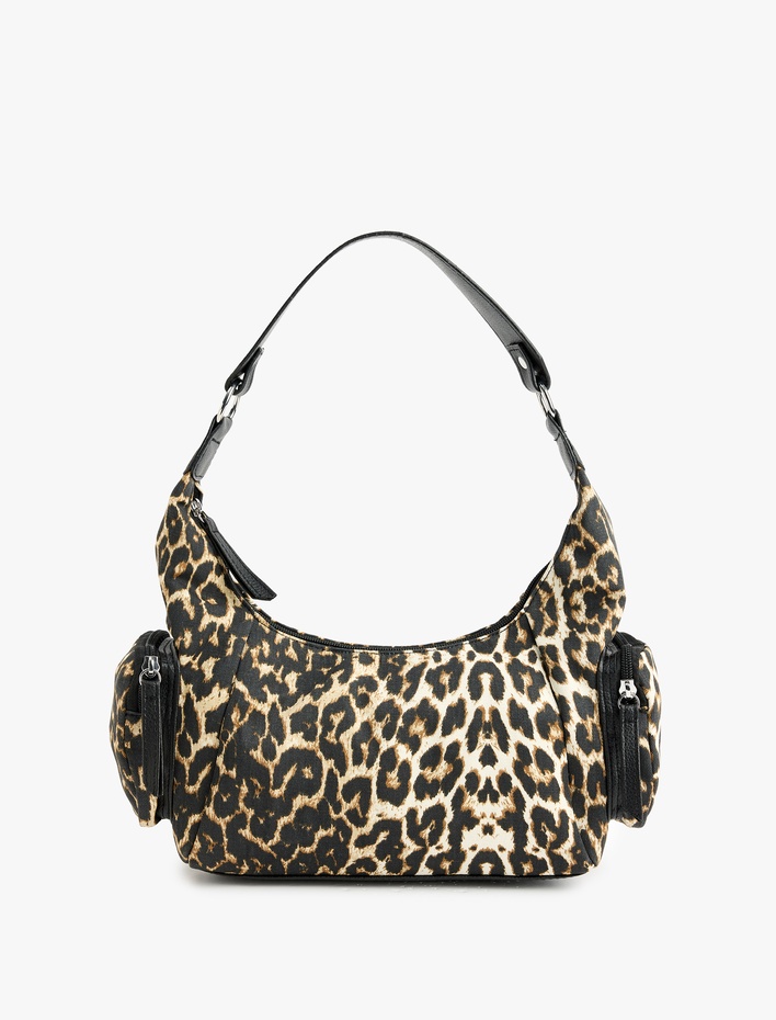 Kadın Leopar Desenli Fermuarlı Mini Cep Detaylı Omuz Çantası