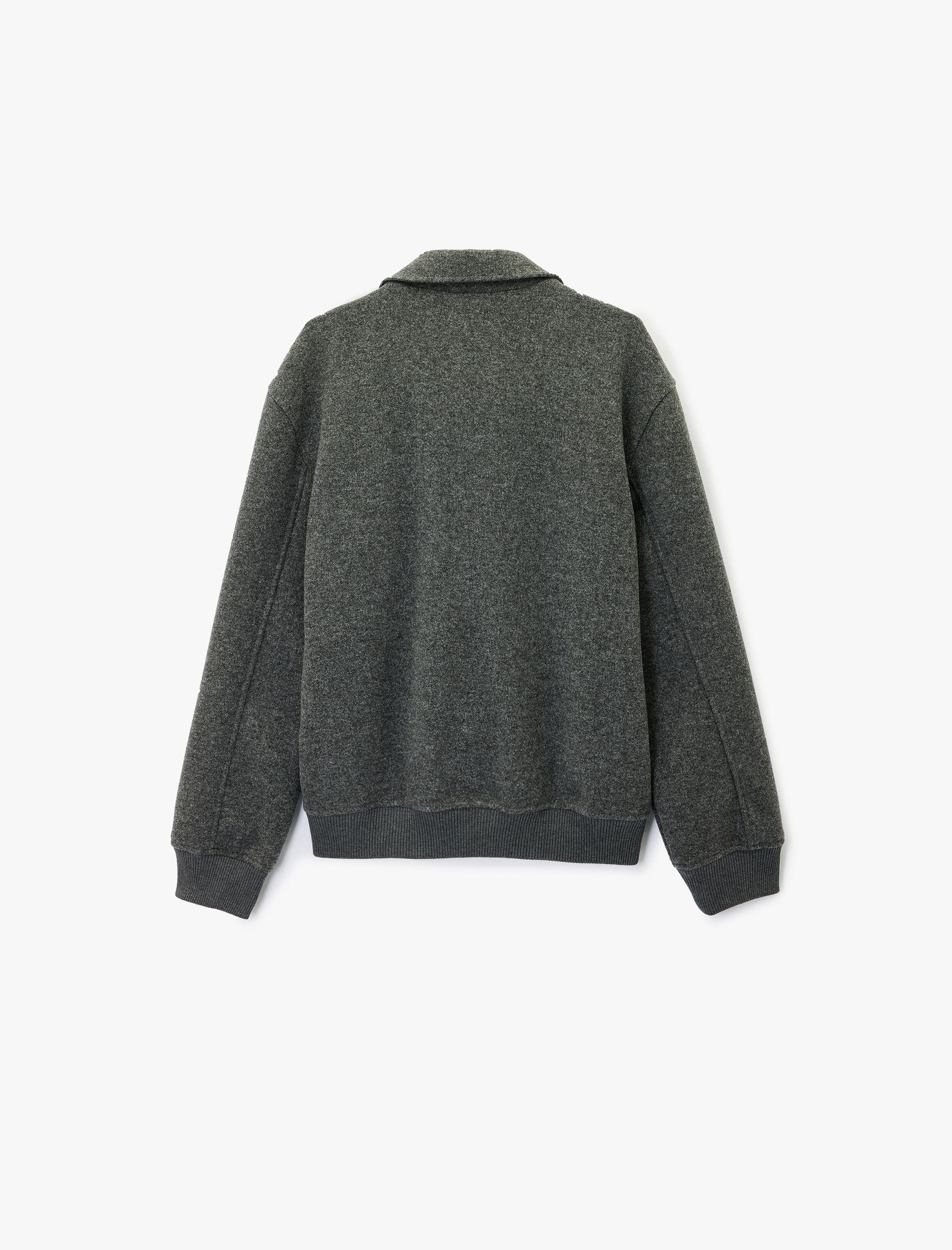   Uzun Kollu Cepli Fermuarlı Gömlek Yaka Kaşe Bomber Ceket