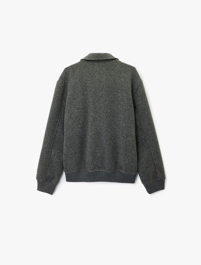  Uzun Kollu Cepli Fermuarlı Gömlek Yaka Kaşe Bomber Ceket