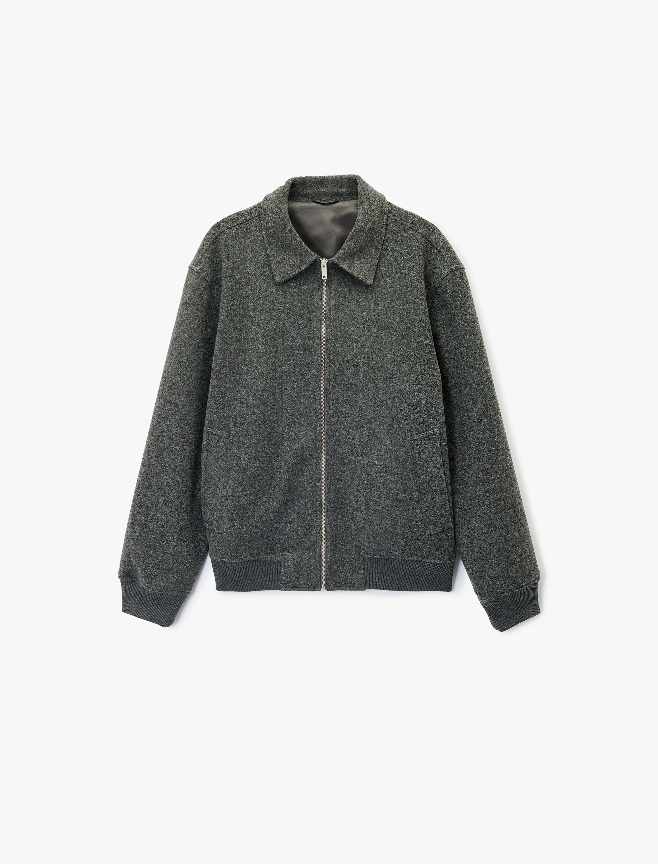   Uzun Kollu Cepli Fermuarlı Gömlek Yaka Kaşe Bomber Ceket