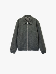 Uzun Kollu Cepli Fermuarlı Gömlek Yaka Kaşe Bomber Ceket