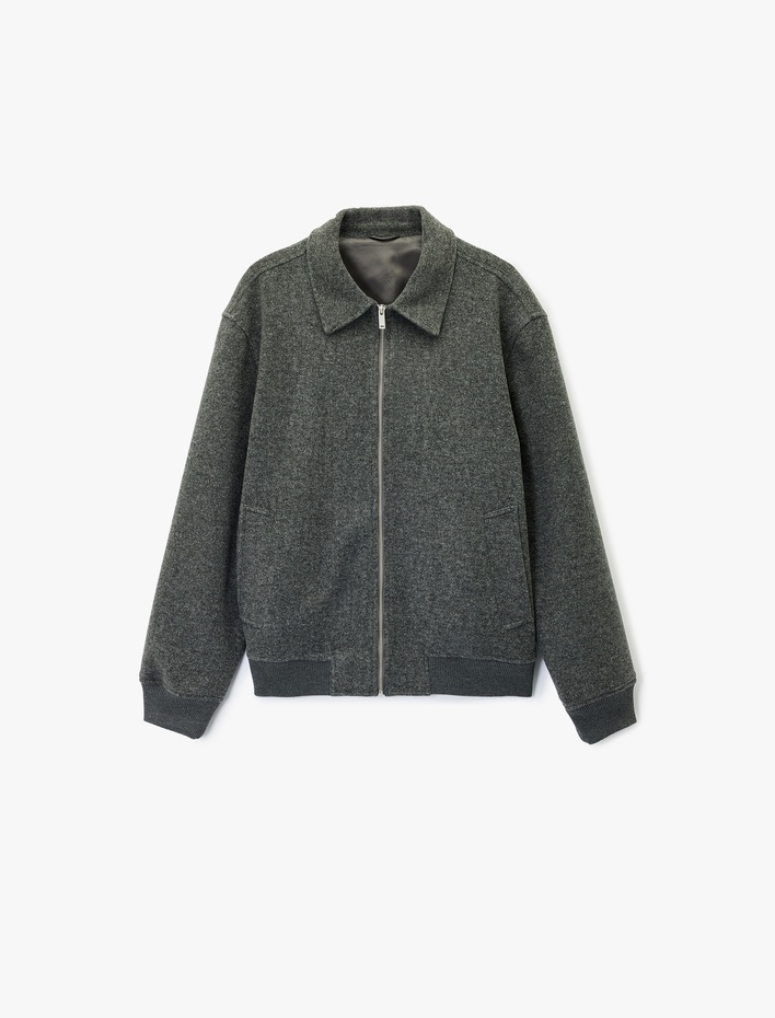  Uzun Kollu Cepli Fermuarlı Gömlek Yaka Kaşe Bomber Ceket