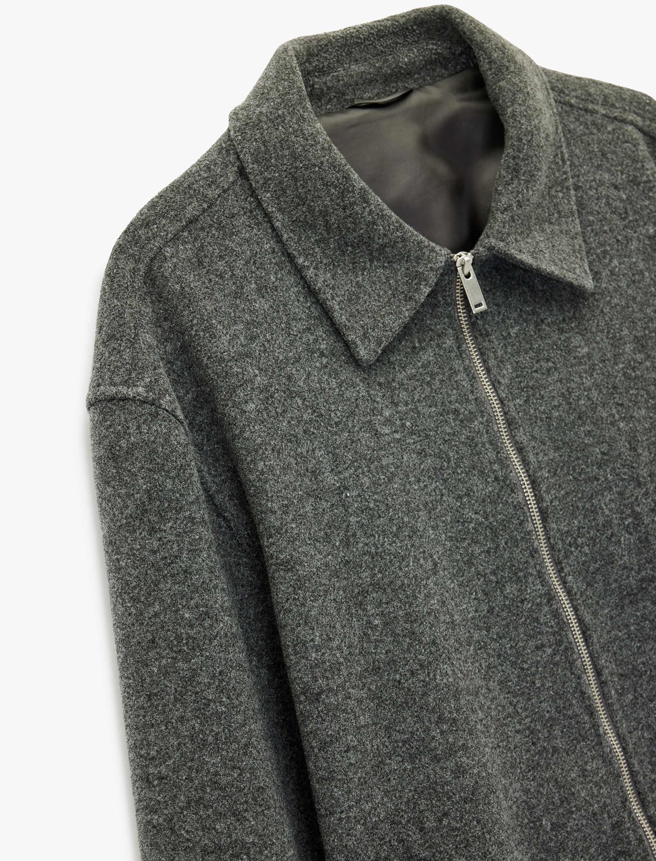   Uzun Kollu Cepli Fermuarlı Gömlek Yaka Kaşe Bomber Ceket