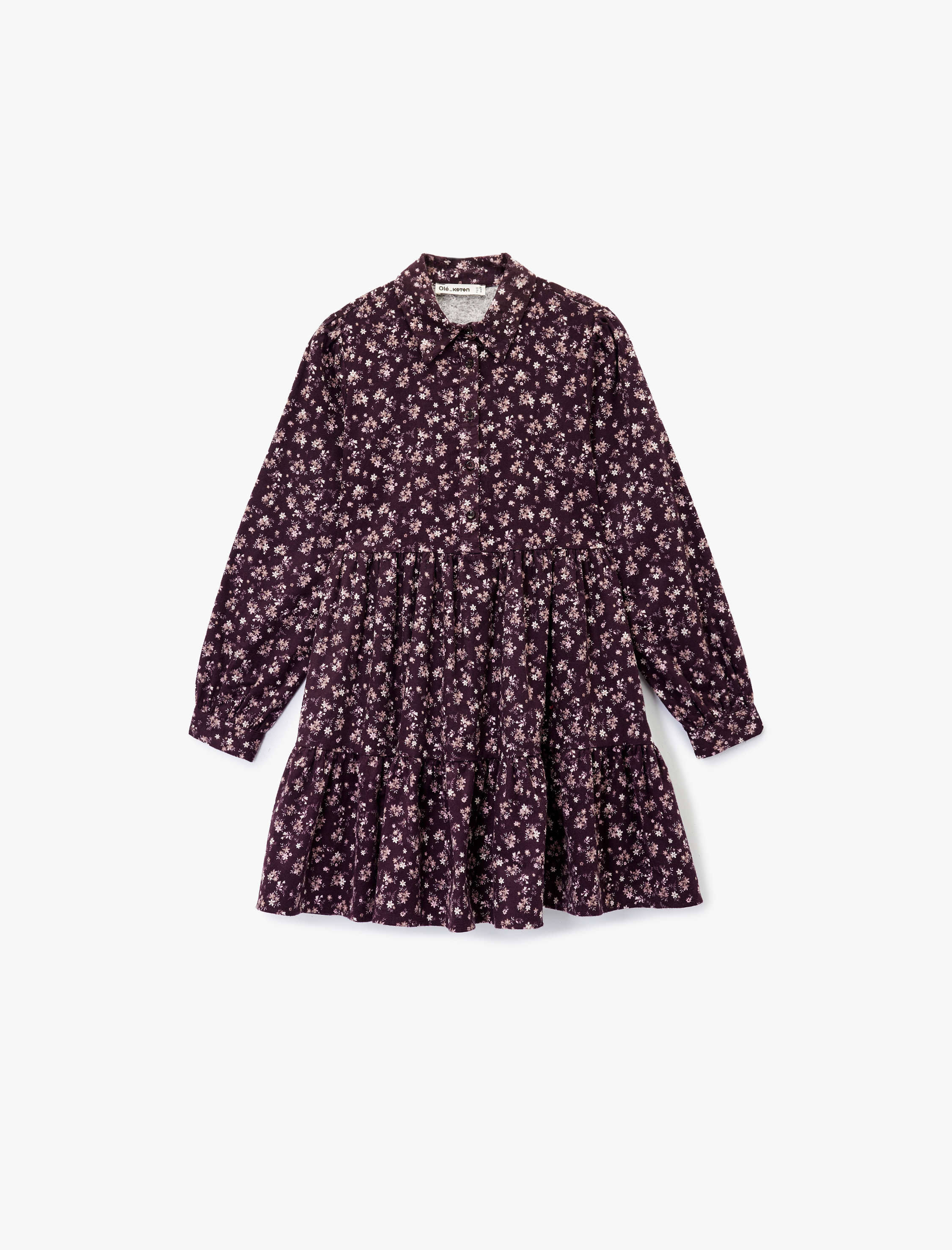   Rahat Kalıp Uzun Kollu Gömlek Yaka Mini Çiçekli Pazen Elbise