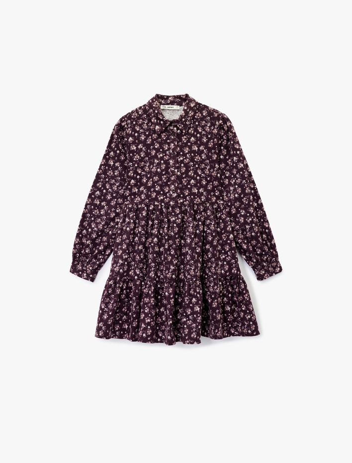  Rahat Kalıp Uzun Kollu Gömlek Yaka Mini Çiçekli Pazen Elbise