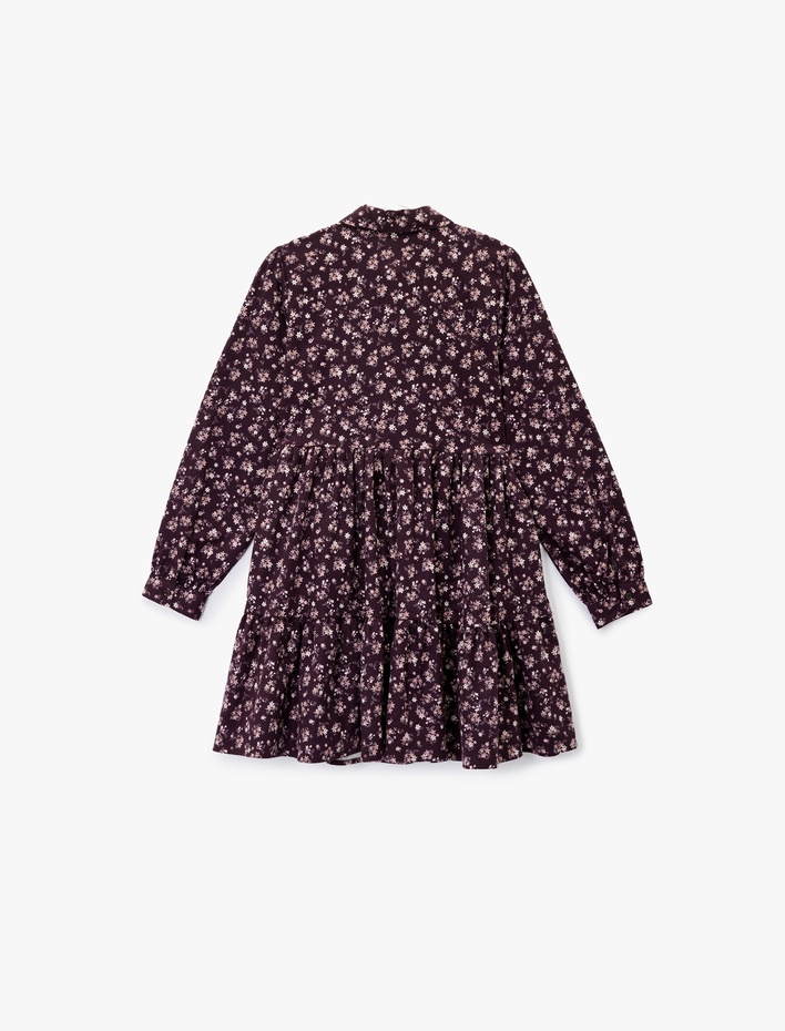  Rahat Kalıp Uzun Kollu Gömlek Yaka Mini Çiçekli Pazen Elbise