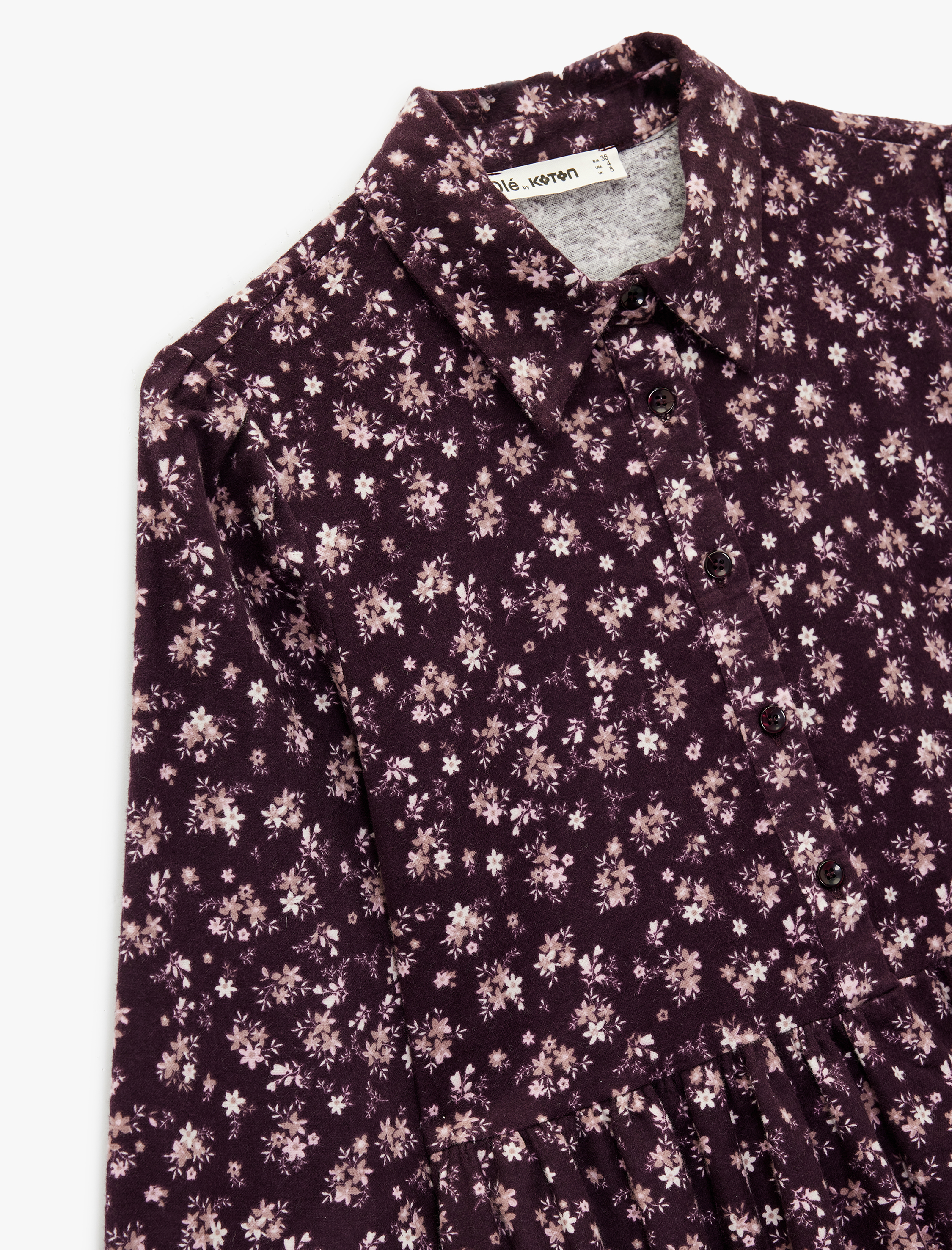   Rahat Kalıp Uzun Kollu Gömlek Yaka Mini Çiçekli Pazen Elbise