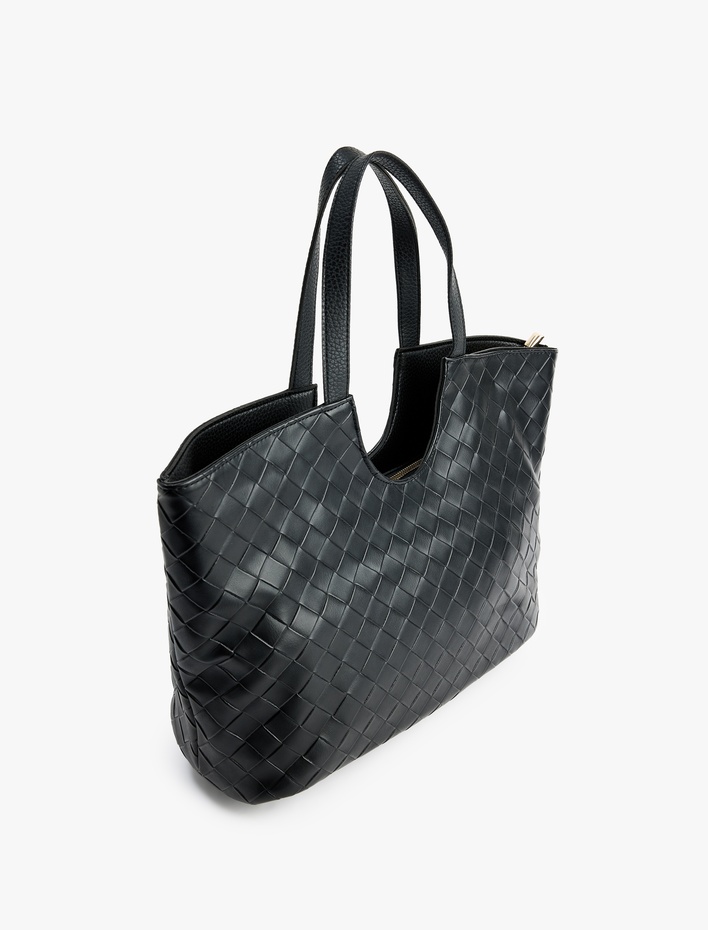 Kadın Örgü Dokulu Fermuarlı Saplı Büyük Tote Çanta