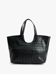 Örgü Dokulu Fermuarlı Saplı Büyük Tote Çanta