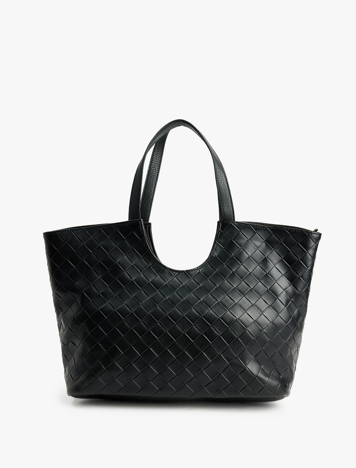 Kadın Örgü Dokulu Fermuarlı Saplı Büyük Tote Çanta