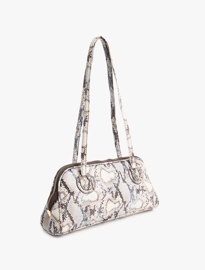 Kadın Yılan Derisi Desenli Fermuarlı Saplı Omuz Çantası
