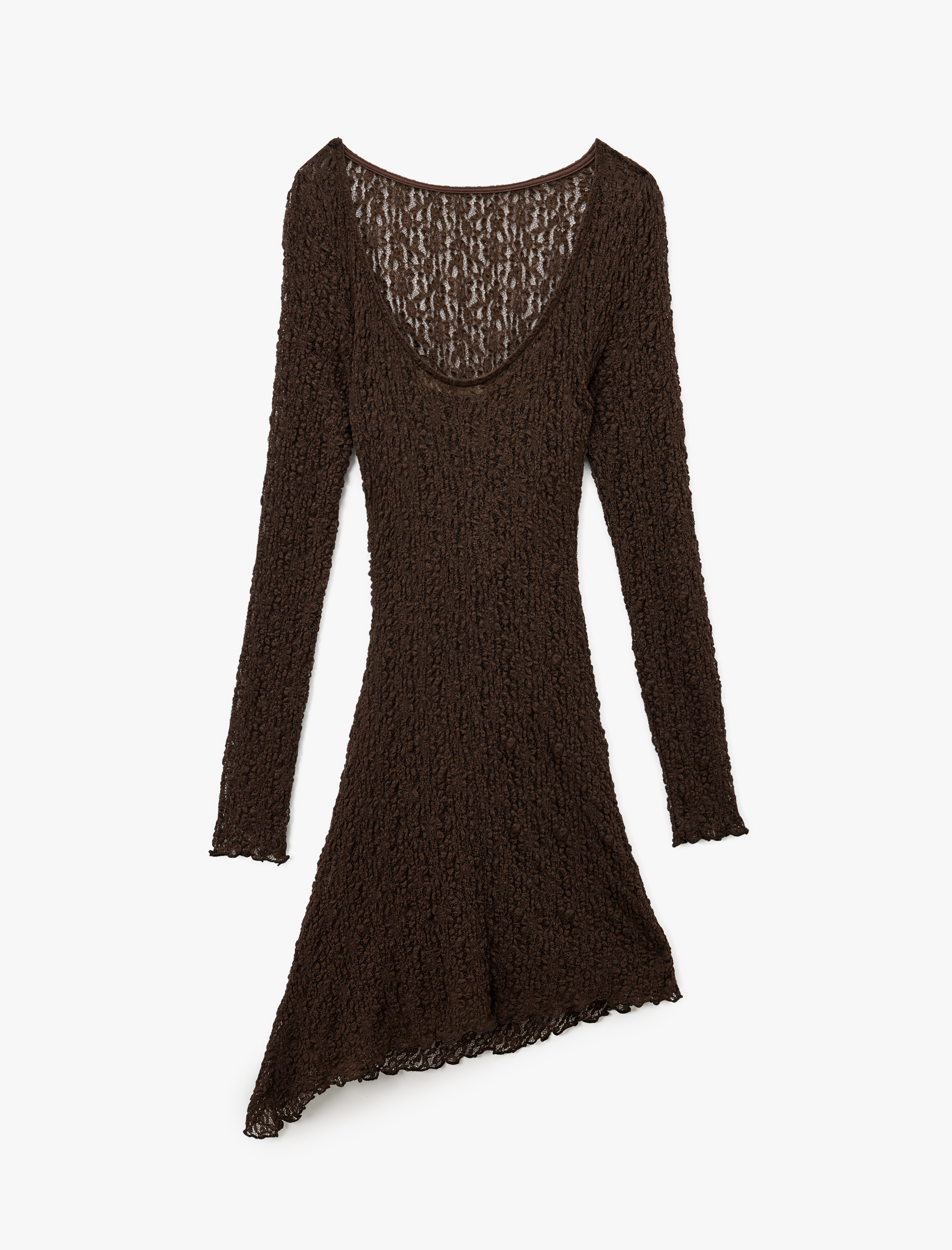   Slim Fit Drapeli Uzun Kollu Derin U Yaka Asimetrik Kesim Dantel Elbise