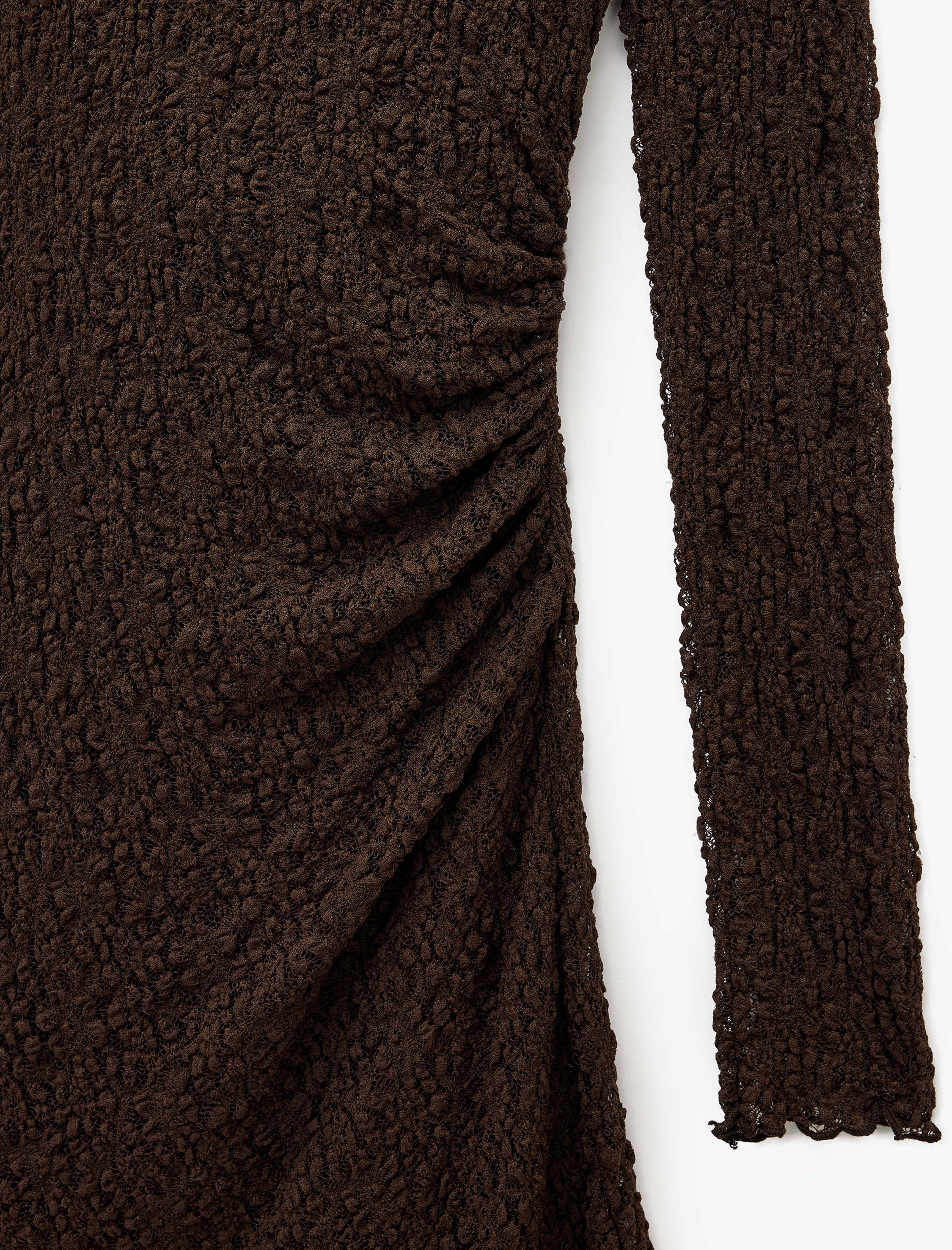   Slim Fit Drapeli Uzun Kollu Derin U Yaka Asimetrik Kesim Dantel Elbise