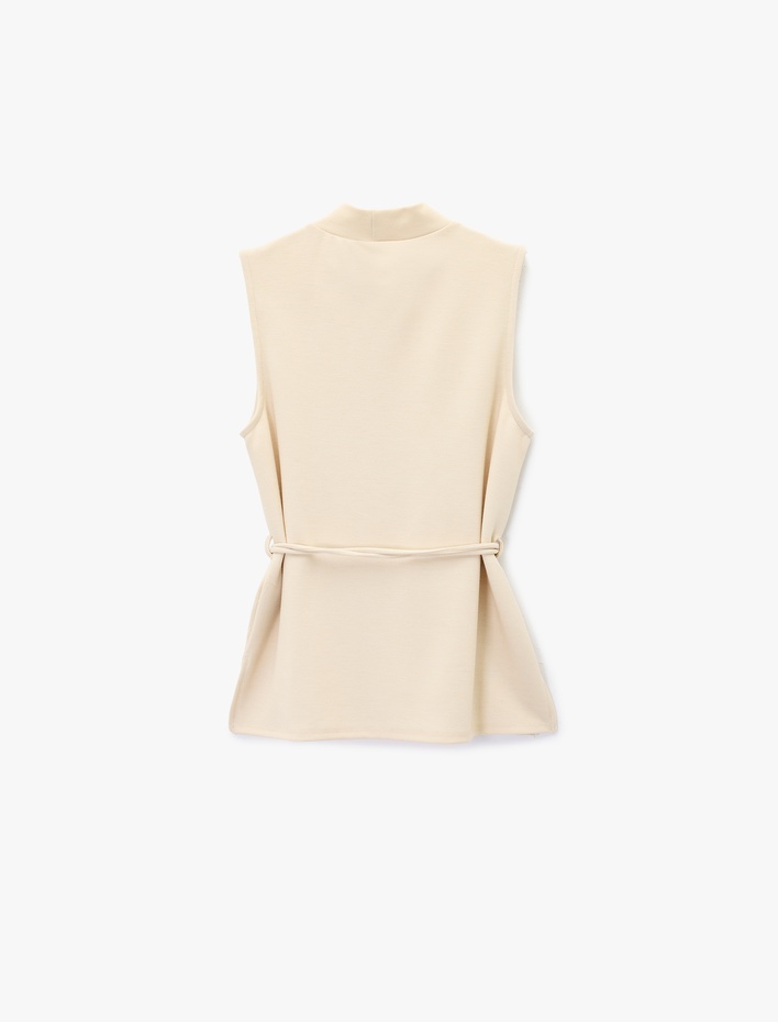  Dik Yaka Kolsuz Kemerli Bluz