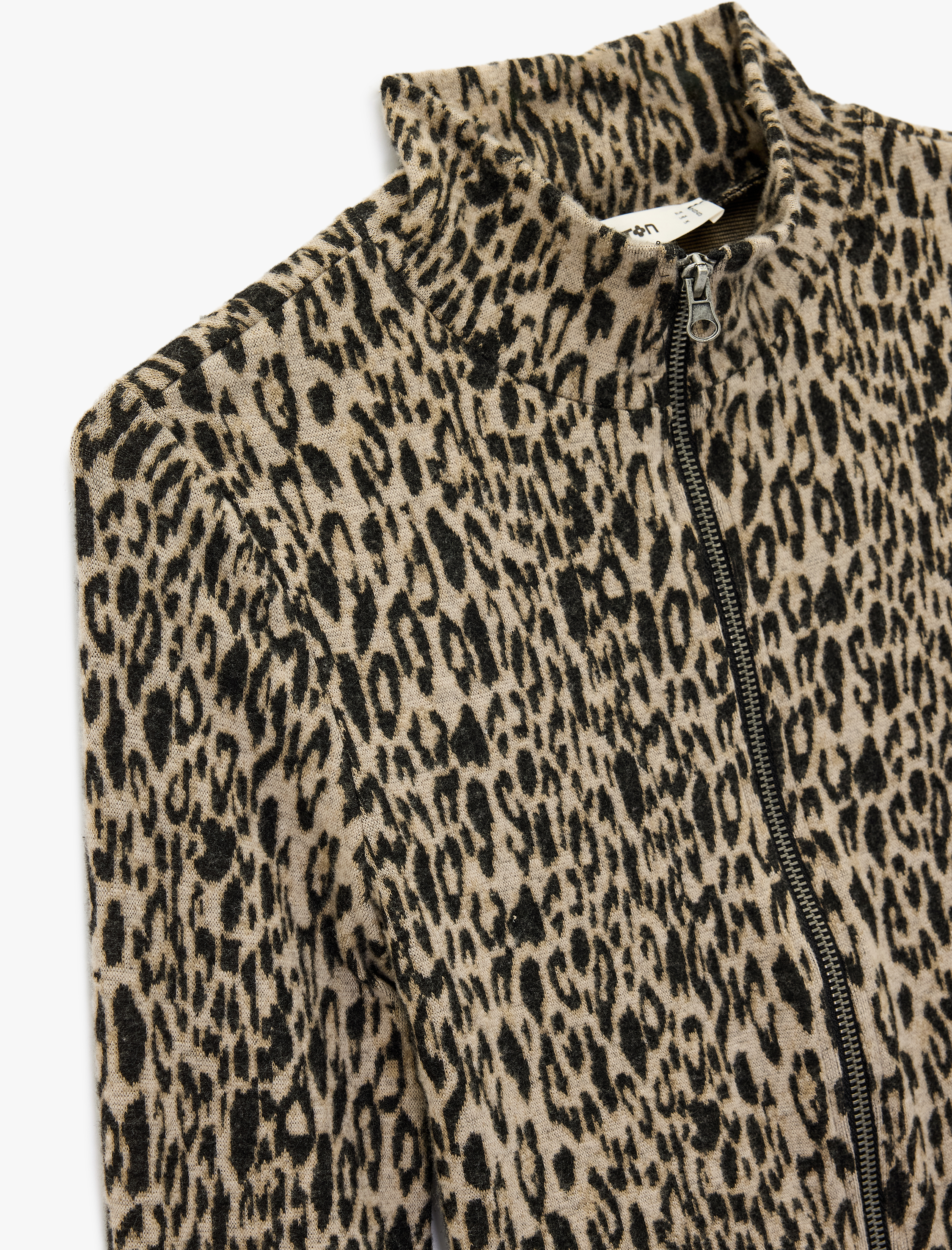   Slim Fit Uzun Kollu Dik Yaka Fermuarlı Leopar Desenli Hırka