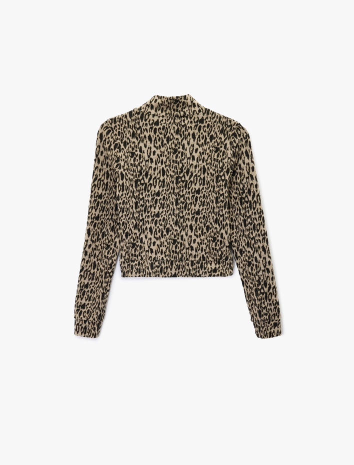  Slim Fit Uzun Kollu Dik Yaka Fermuarlı Leopar Desenli Hırka