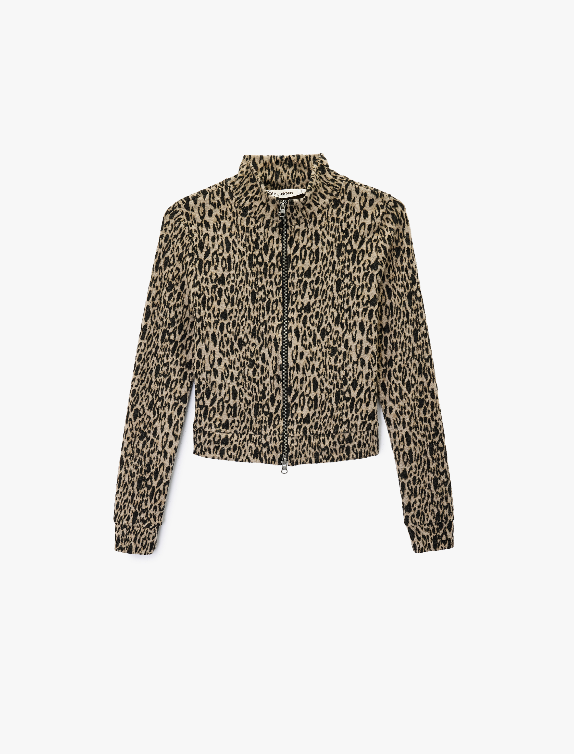   Slim Fit Uzun Kollu Dik Yaka Fermuarlı Leopar Desenli Hırka