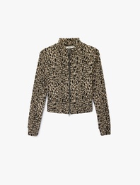 Slim Fit Uzun Kollu Dik Yaka Fermuarlı Leopar Desenli Hırka