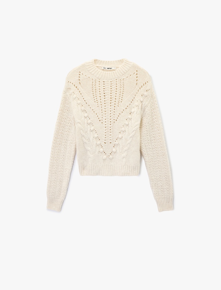  Uzun Kollu Ajurlu Bisiklet Yaka Dokulu Saç Örgü Kazak