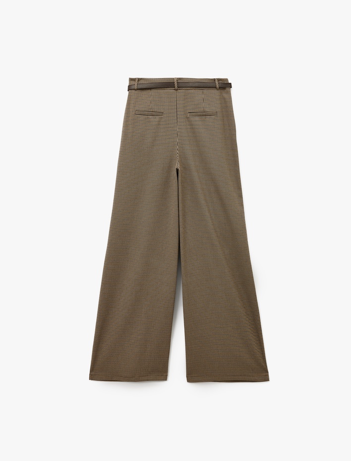  Cepli Pile Detaylı Kemerli Geniş Paça Ekose Pantolon