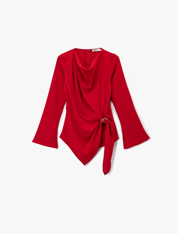  Uzun Kollu Degaje Yaka Metal Aksesuarlı Büzgülü Asimetrik Bluz