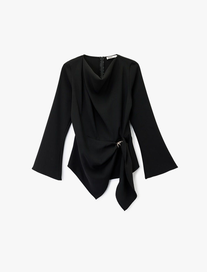  Uzun Kollu Degaje Yaka Metal Aksesuarlı Büzgülü Asimetrik Bluz