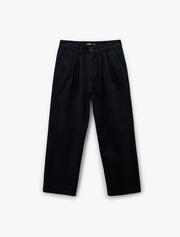  Pamuklu Cepli Düğmeli Pileli Rahat Kalıp Pantolon