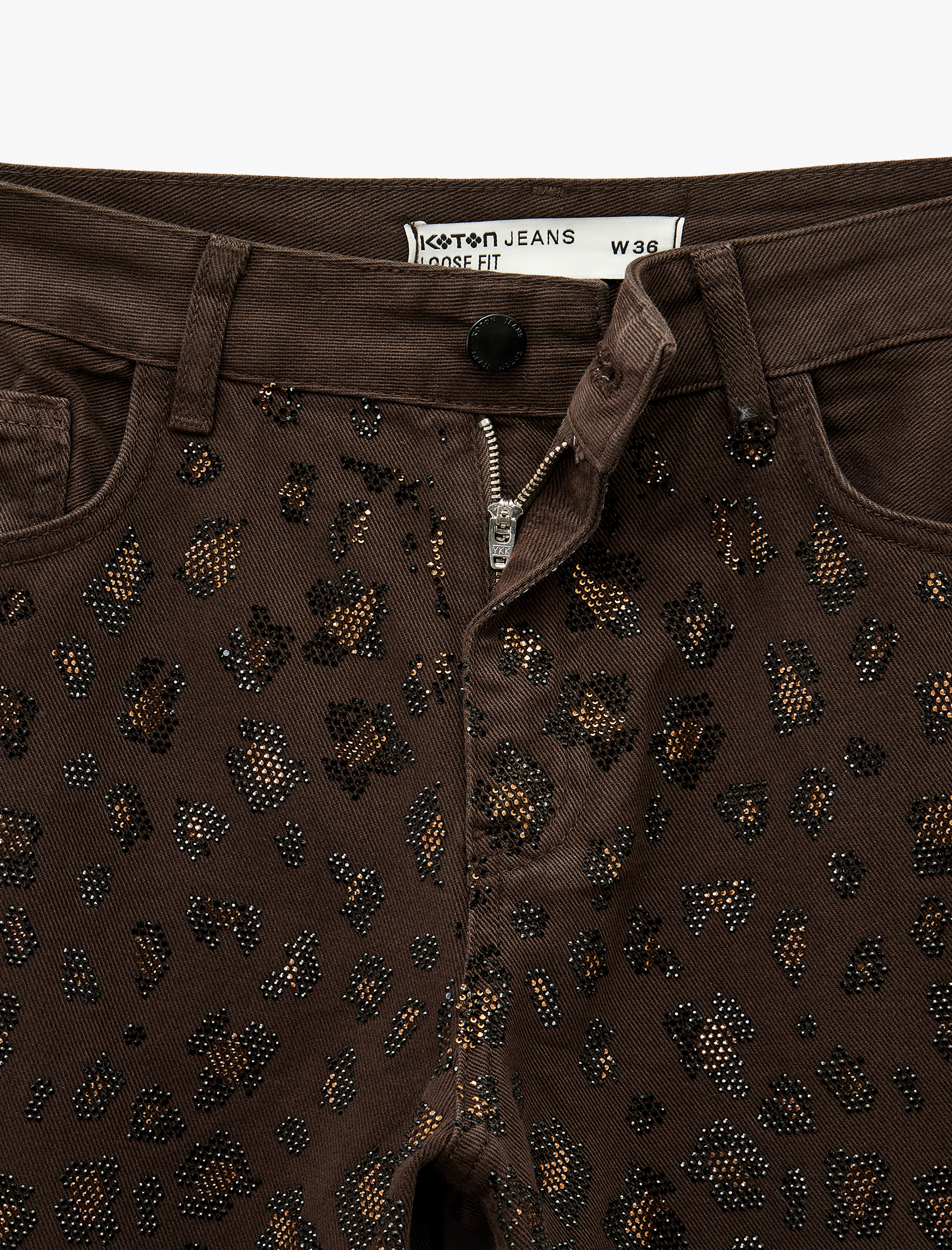   Cepli Pamuklu Leopar Desenli Taş İşlemeli Jean Pantolon - Loose Fit Jean