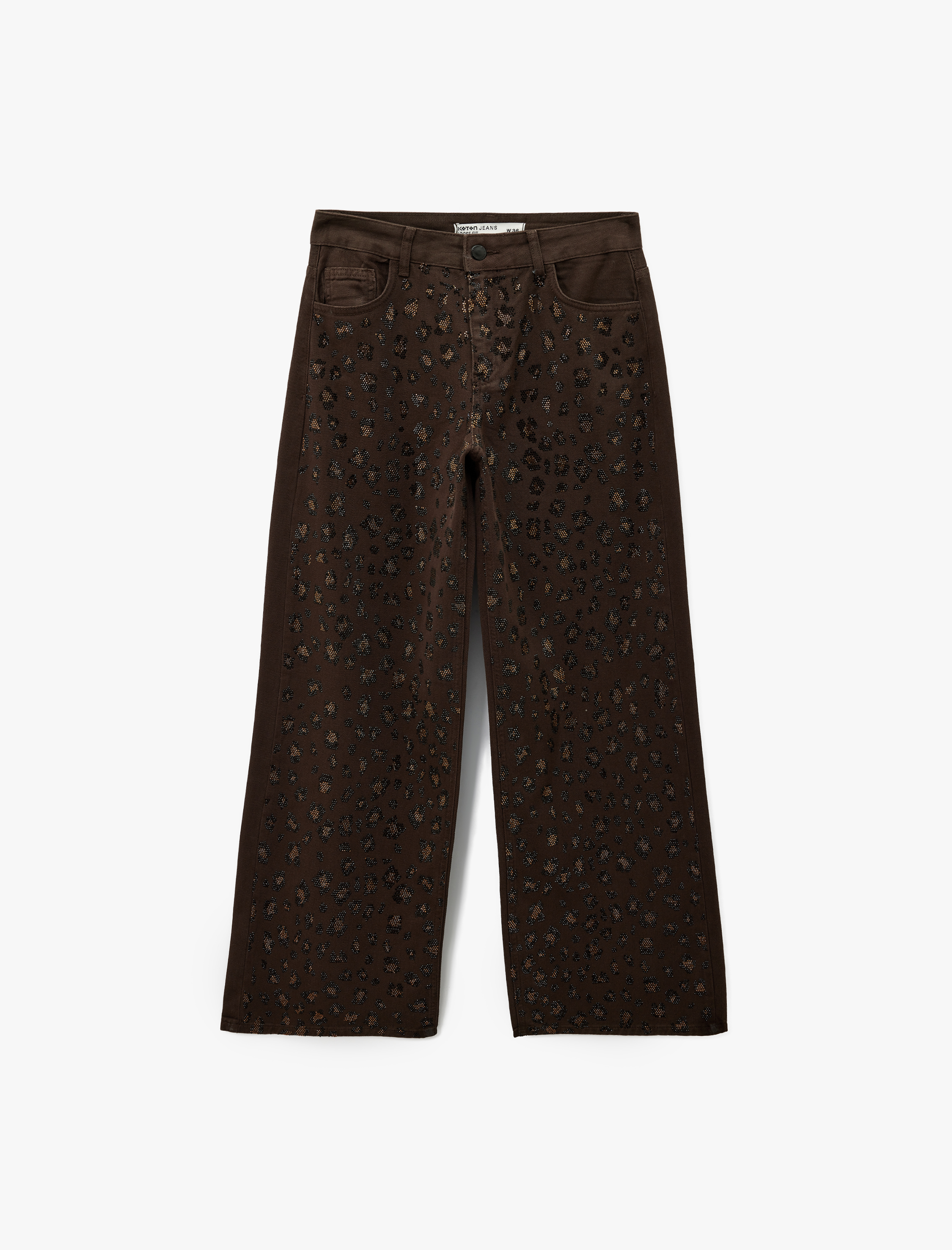   Cepli Pamuklu Leopar Desenli Taş İşlemeli Jean Pantolon - Loose Fit Jean