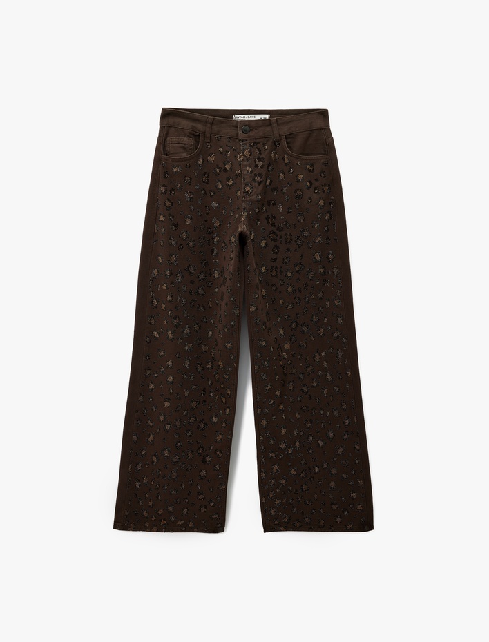  Cepli Pamuklu Leopar Desenli Taş İşlemeli Jean Pantolon - Loose Fit Jean