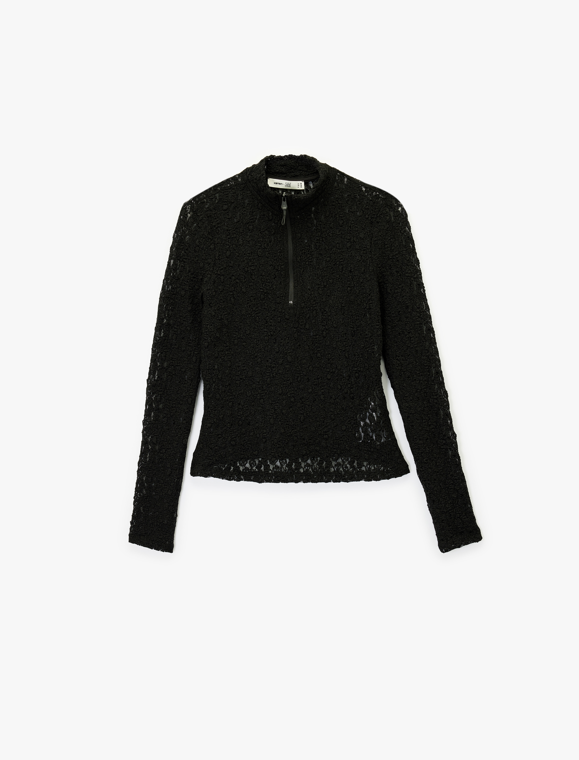   Koton X Sibil Çetinkaya - Uzun Kollu Yarım Fermuar Detaylı Dik Yaka Dantel Bluz