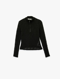 Koton X Sibil Çetinkaya - Uzun Kollu Yarım Fermuar Detaylı Dik Yaka Dantel Bluz