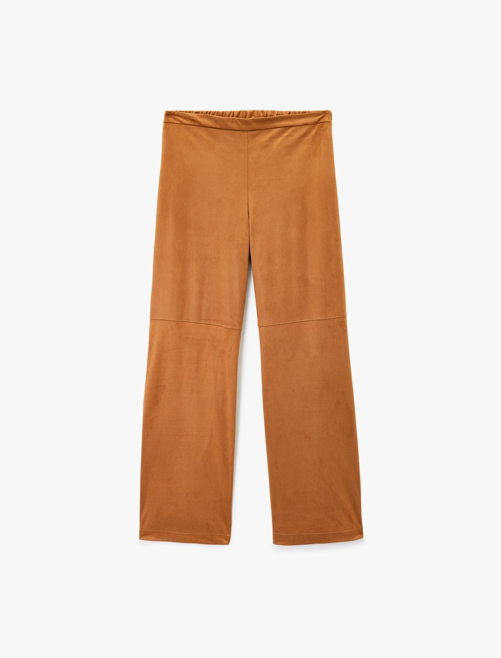  Uzun Düz Bol Paça Süet Görünümlü Pantolon