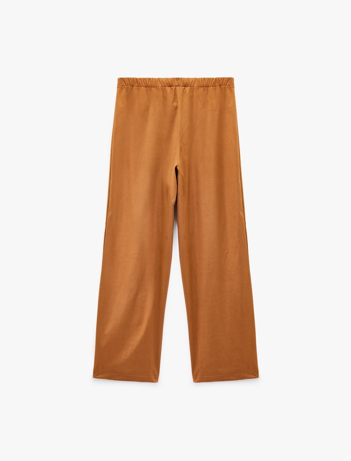  Uzun Düz Bol Paça Süet Görünümlü Pantolon