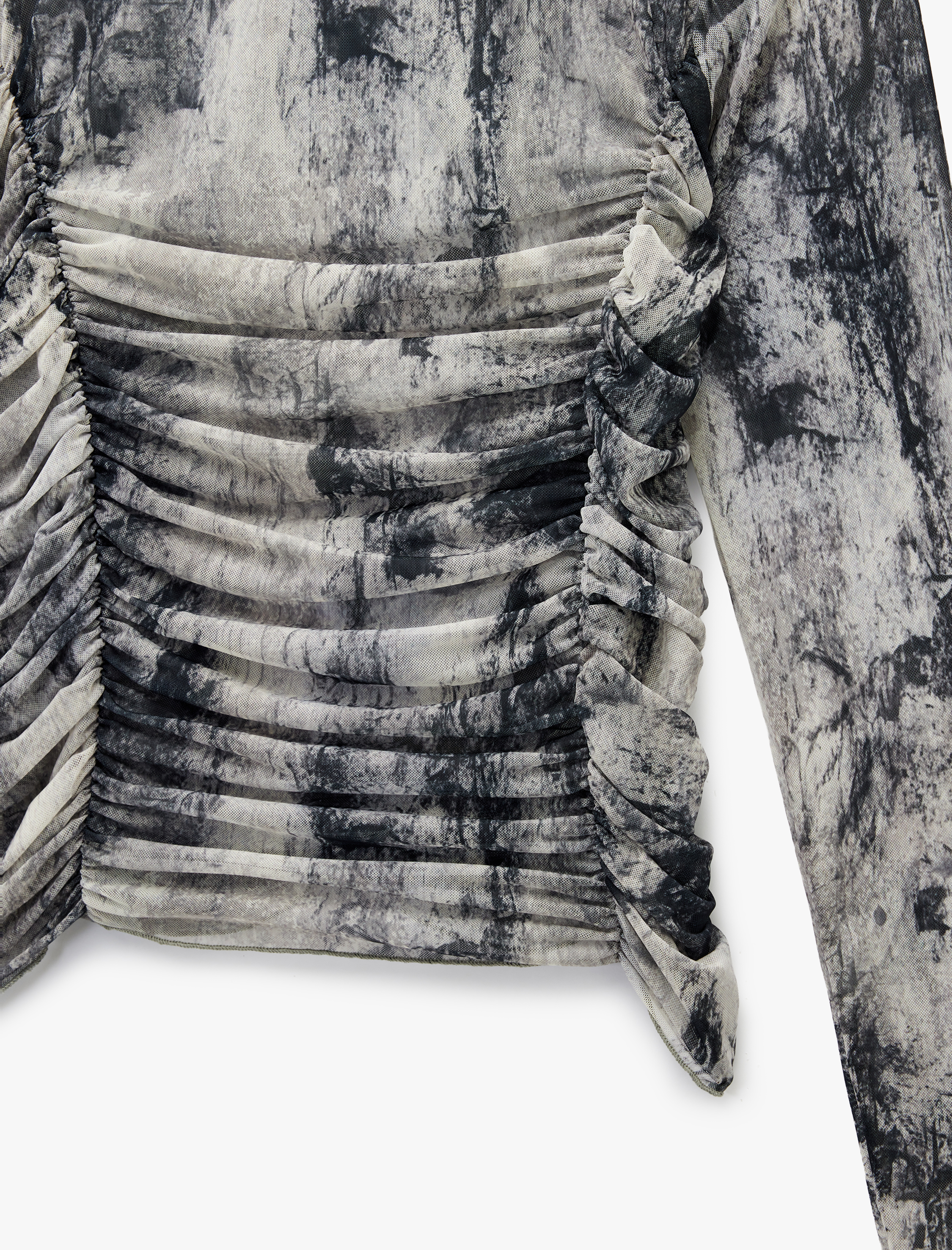   Slim Fit Uzun Kollu Geniş Dik Yaka Drape Detaylı Desenli Tişört