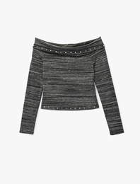 Koton X Sibil Çetinkaya - Uzun Kollu Zımba Detaylı Omzu Açık Bluz