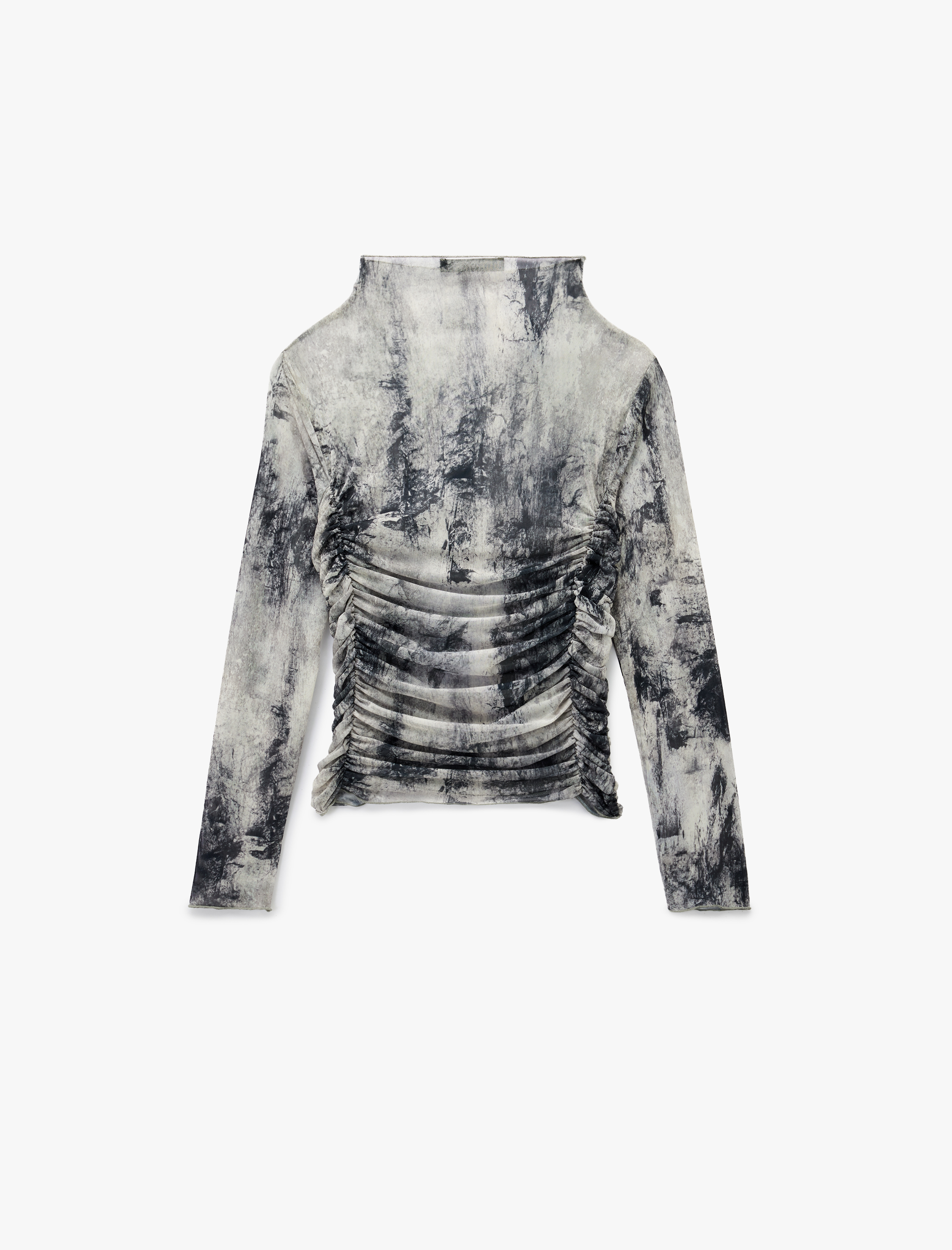   Slim Fit Uzun Kollu Geniş Dik Yaka Drape Detaylı Desenli Tişört