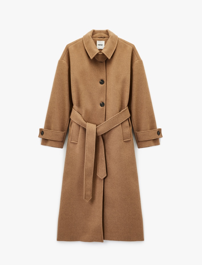  Koton X Şahika Ercümen - Kemerli Kaban Yakası Apoletli Kaşe Uzun Kollu Cepli