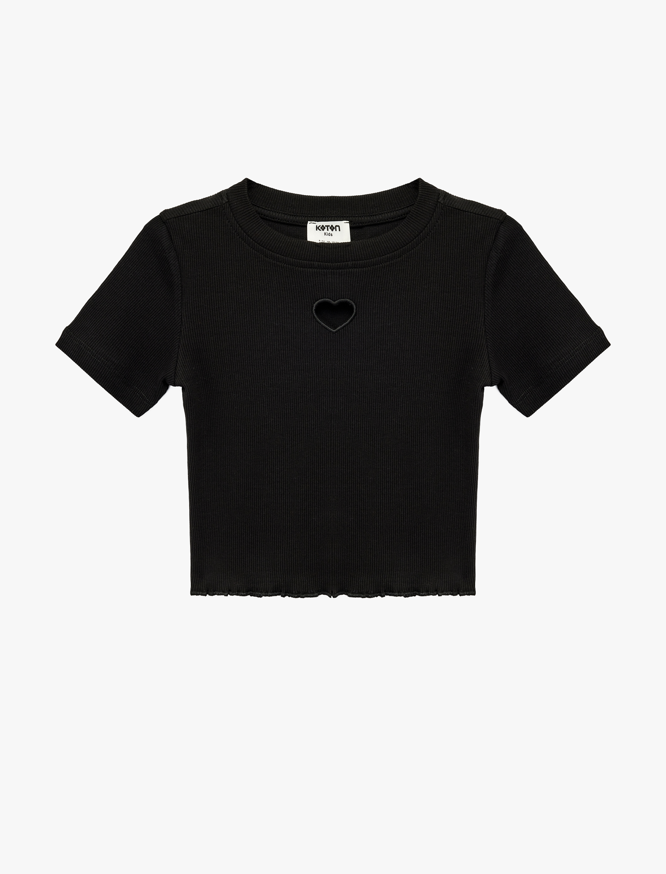  Kız Çocuk Pamuklu Kısa Kollu Kalp Pencere Detaylı Crop Tişört