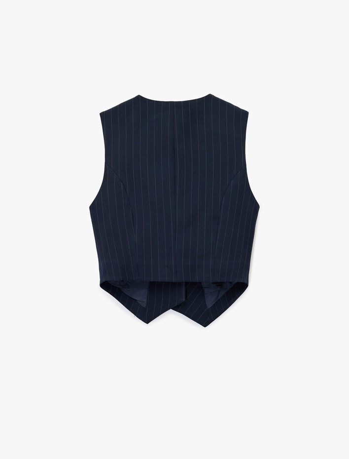  Kolsuz Kruvaze Yaka Düğmeli Asimetrik Çizgili Yelek