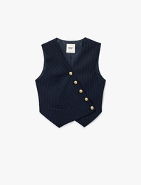 Kolsuz Kruvaze Yaka Düğmeli Asimetrik Çizgili Yelek