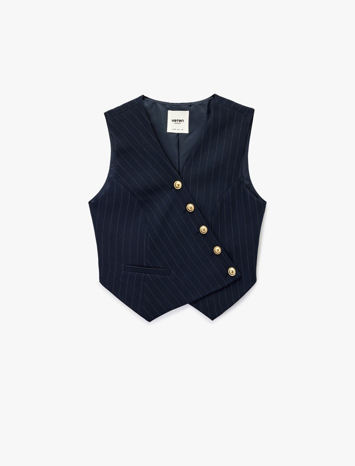  Kolsuz Kruvaze Yaka Düğmeli Asimetrik Çizgili Yelek