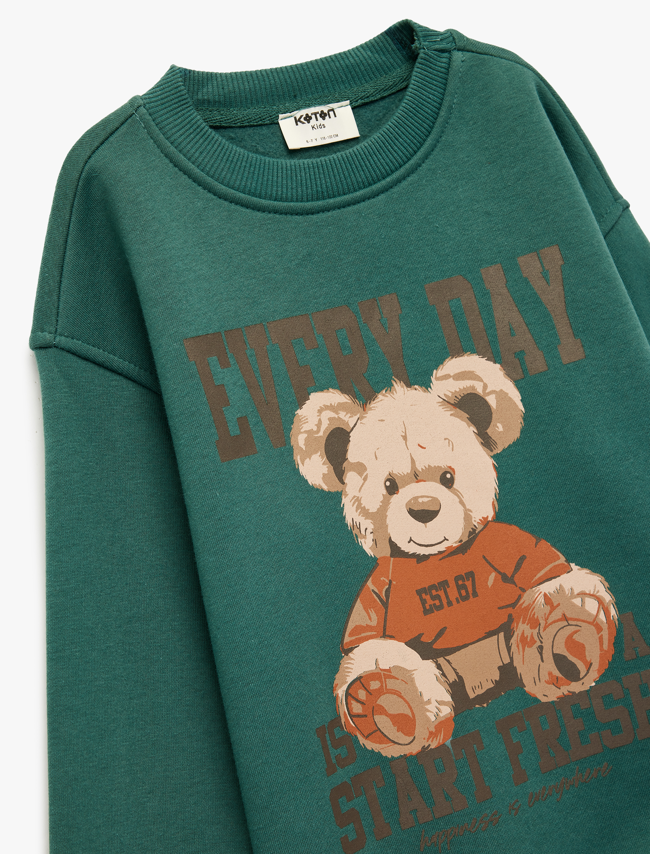  Kız Çocuk Üç İplik Ayıcık Baskılı Uzun Kollu Bisiklet Yaka Sweatshirt