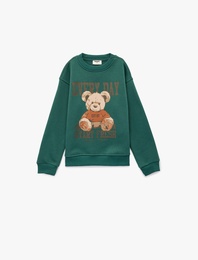 Üç İplik Ayıcık Baskılı Uzun Kollu Bisiklet Yaka Sweatshirt