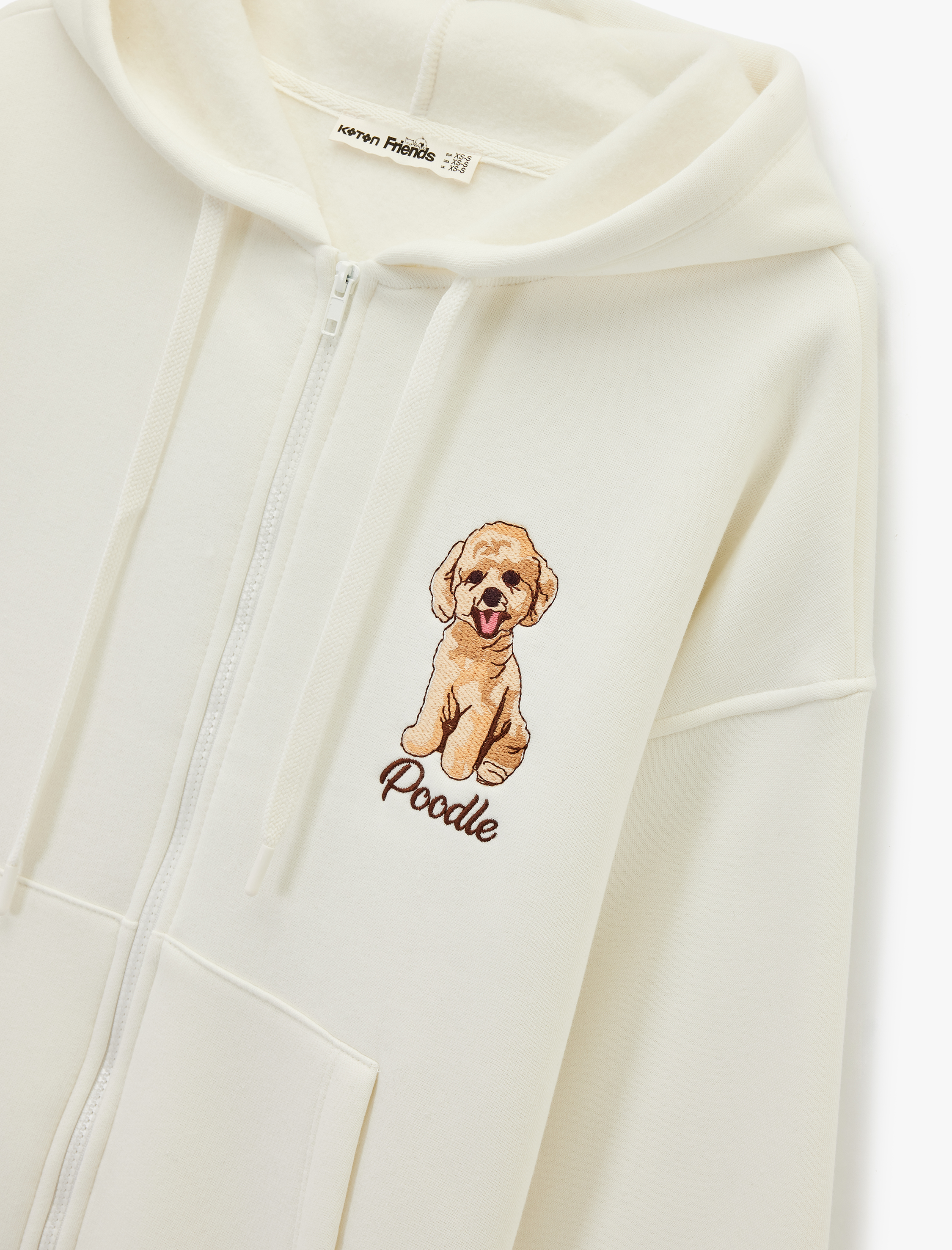   Şardonlu Uzun Kollu Cepli Fermuarlı Köpek Nakış Detaylı Arkası Baskılı Kapüşonlu Sweatshirt
