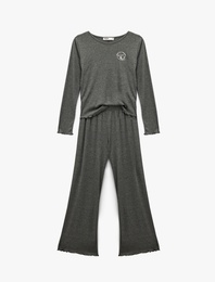 Uzun Kollu Bisiklet Yaka Nakış Detaylı Pijama Takımı