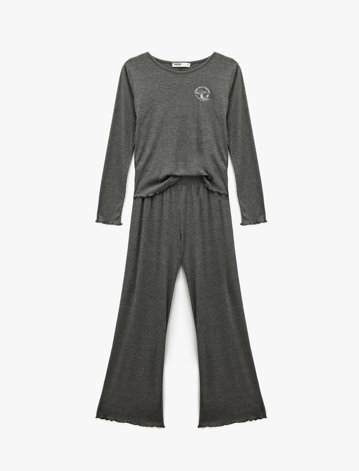  Uzun Kollu Bisiklet Yaka Nakış Detaylı Pijama Takımı