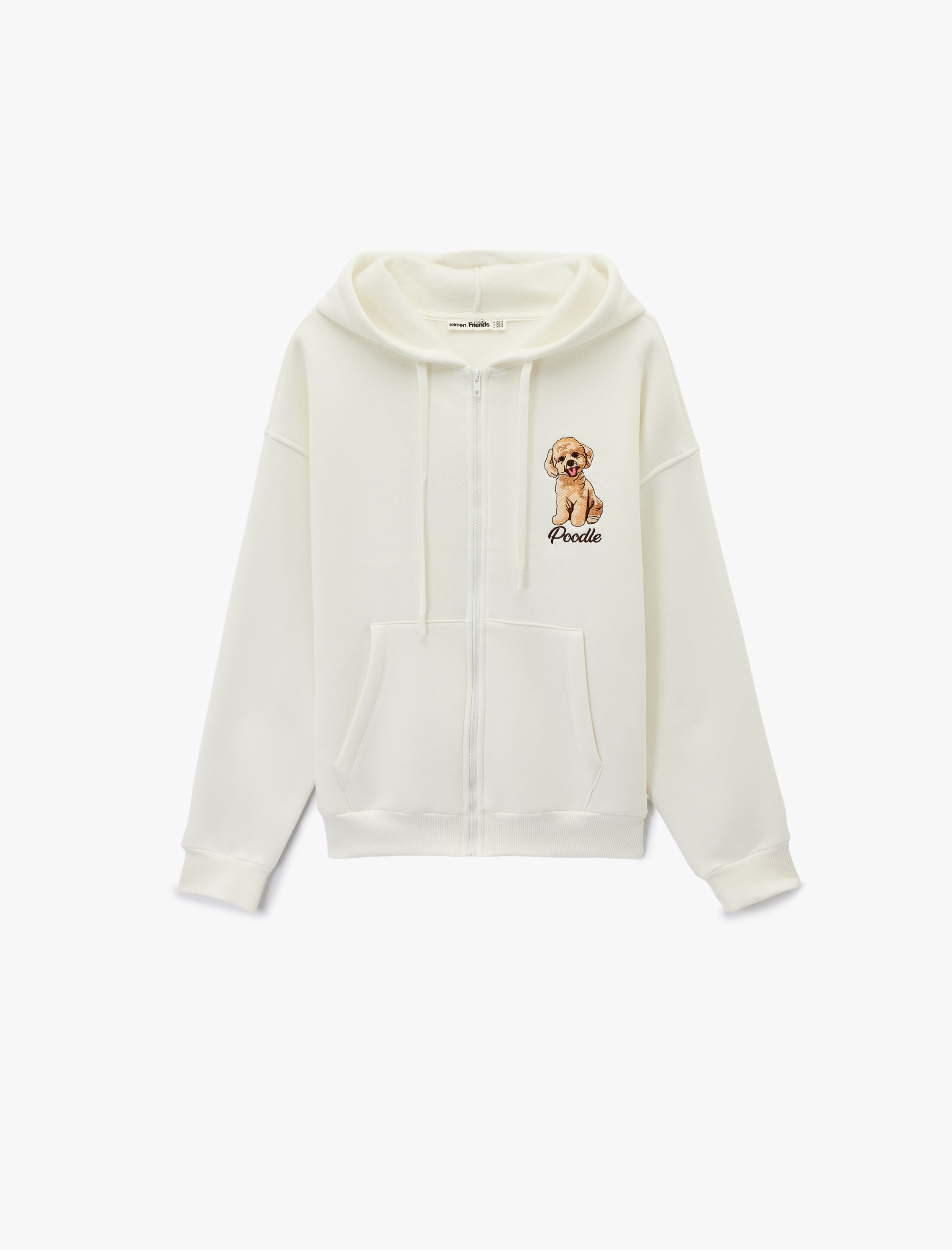   Şardonlu Uzun Kollu Cepli Fermuarlı Köpek Nakış Detaylı Arkası Baskılı Kapüşonlu Sweatshirt